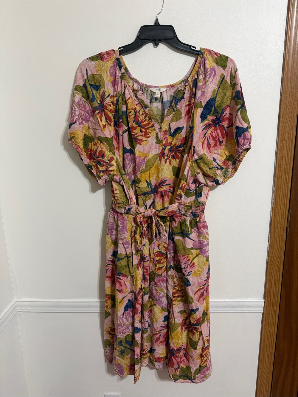Terra & Sky Pink and Olive Floral Tie-Waist Midi Dress
